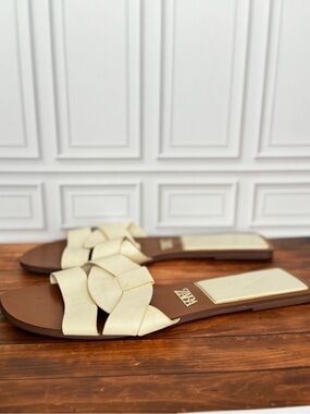 Zara leather Cream Braided Flat Slide Sandals